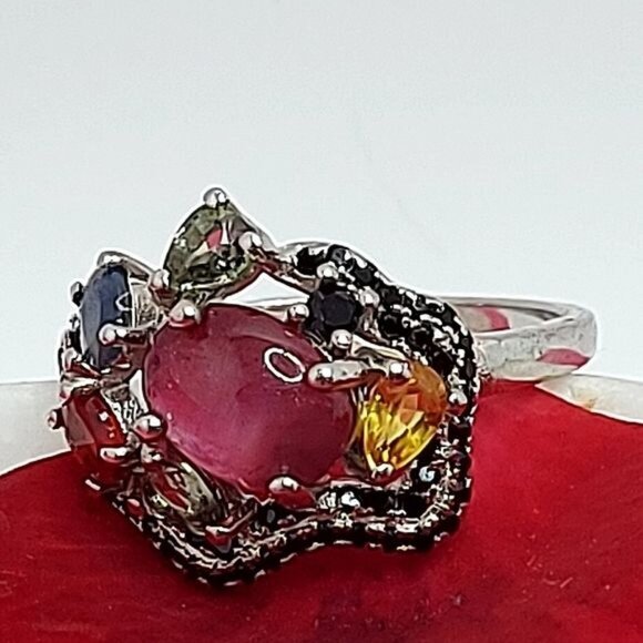 Unheated Natural Ruby 9×7 mm & Black‎ Spinel 925 Sterling Silver Ring Sz 6.5 - Picture 5 of 5